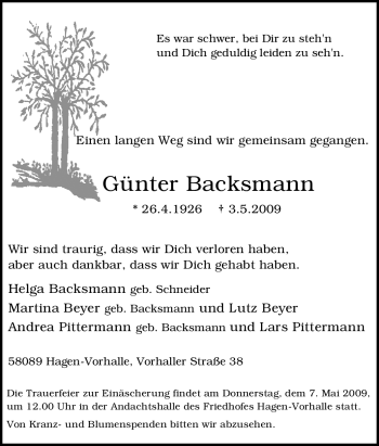 Traueranzeige von Günter Backsmann von Tageszeitung