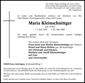 Traueranzeige von Maria Kleinschnittger von Tageszeitung