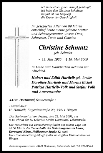 Traueranzeige von Christine Schmatz von Tageszeitung