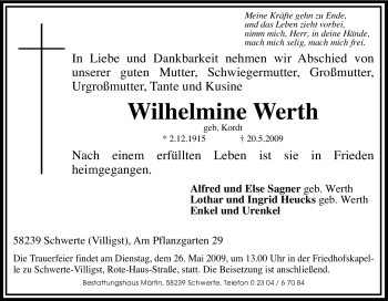 Traueranzeige von Wilhelmine Werth von Tageszeitung