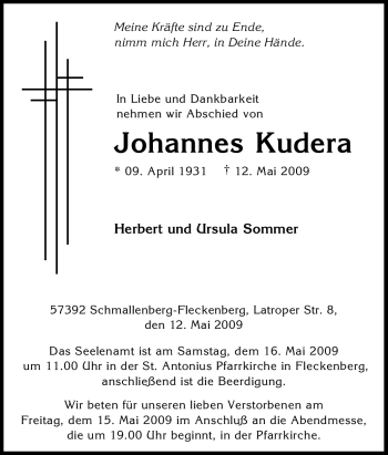 Traueranzeige von Johannes Kudera von Tageszeitung