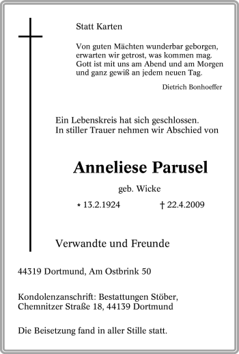 Traueranzeige von Anneliese Parusel von Tageszeitung