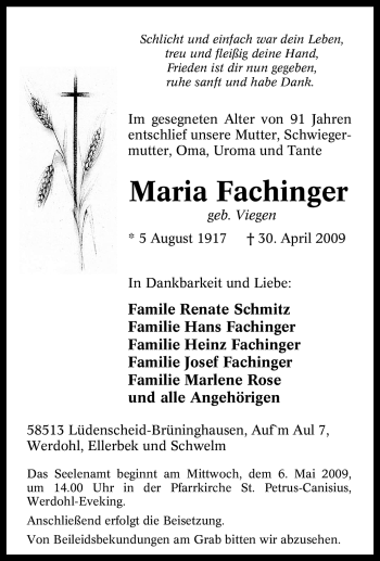 Traueranzeige von Maria Fachinger von Tageszeitung