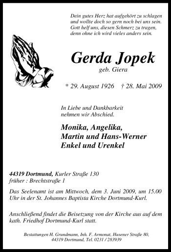 Traueranzeige von Gerda Jopek von Tageszeitung