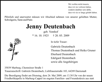 Traueranzeige von Jenny Deutenbach von Tageszeitung