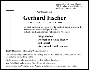 Traueranzeige von Gerhard Fischer von Tageszeitung