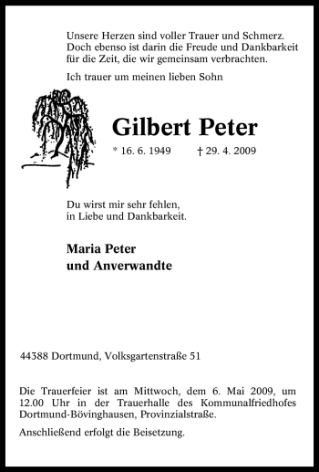 Traueranzeige von Gilbert Peter von Tageszeitung