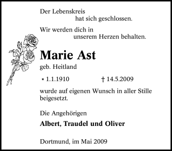 Traueranzeige von Marie Ast von Tageszeitung