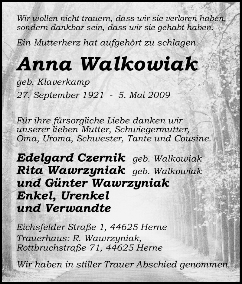  Traueranzeige für Anna Walkowiak vom 13.05.2009 aus Tageszeitung