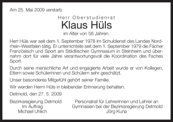 Traueranzeige von Klaus Hüls von Tageszeitung