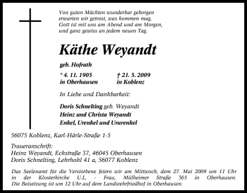 Traueranzeige von Käthe Weyandt von Tageszeitung