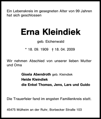Traueranzeige von Erna Kleindiek von Tageszeitung