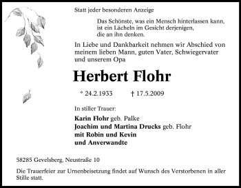 Traueranzeige von Herbert Flohr von Tageszeitung