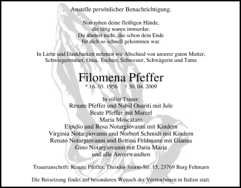 Traueranzeige von Filomena Pfeffer von Tageszeitung