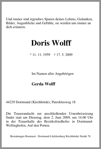 Traueranzeige von Doris Wolff von Tageszeitung