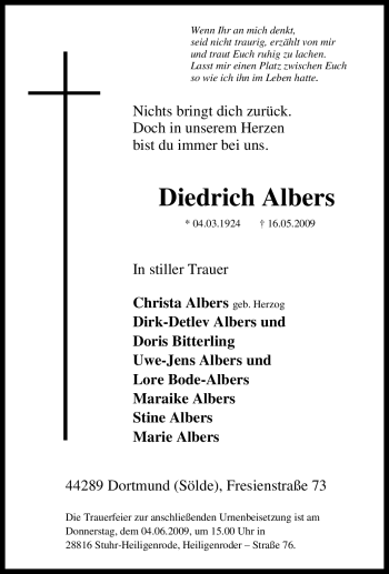 Traueranzeige von Diedrich Albers von Tageszeitung