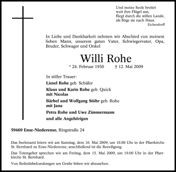 Traueranzeige von Willi Rohe von Tageszeitung