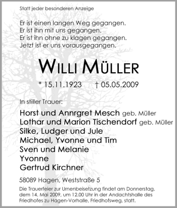 Traueranzeige von Willi Müller von Tageszeitung