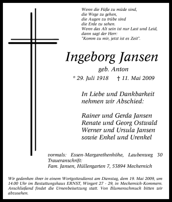 Traueranzeige von Ingeborg Jansen von Tageszeitung