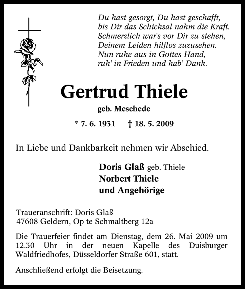  Traueranzeige für Gertrud Thiele vom 23.05.2009 aus Tageszeitung