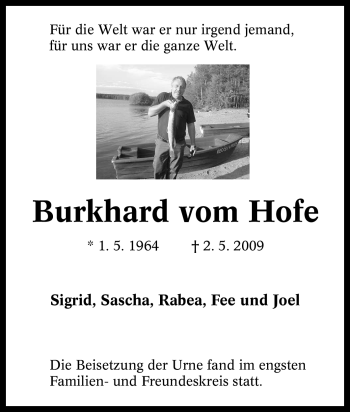 Traueranzeige von Burkhard vom Hofe von Tageszeitung