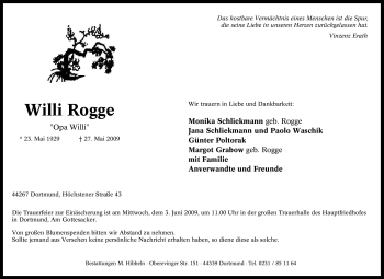 Traueranzeige von Willi Rogge von Tageszeitung