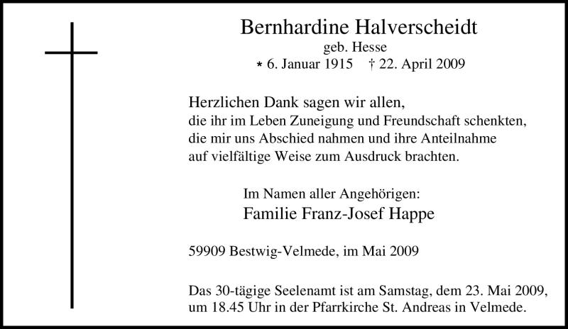  Traueranzeige für Bernhardine Halverscheidt vom 20.05.2009 aus Tageszeitung