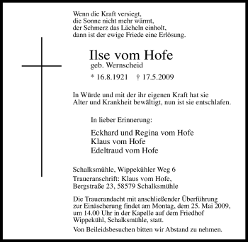 Traueranzeige von Ilse vom Hofe von Tageszeitung