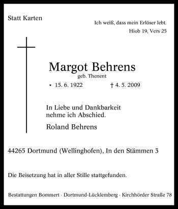 Traueranzeige von Margot Behrens von Tageszeitung