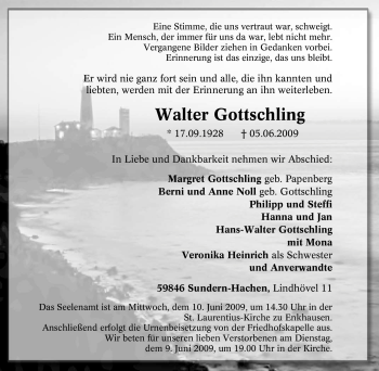 Traueranzeige von Walter Gottschling von Tageszeitung