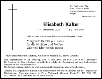 Traueranzeige von Elisabeth Kalter von Tageszeitung