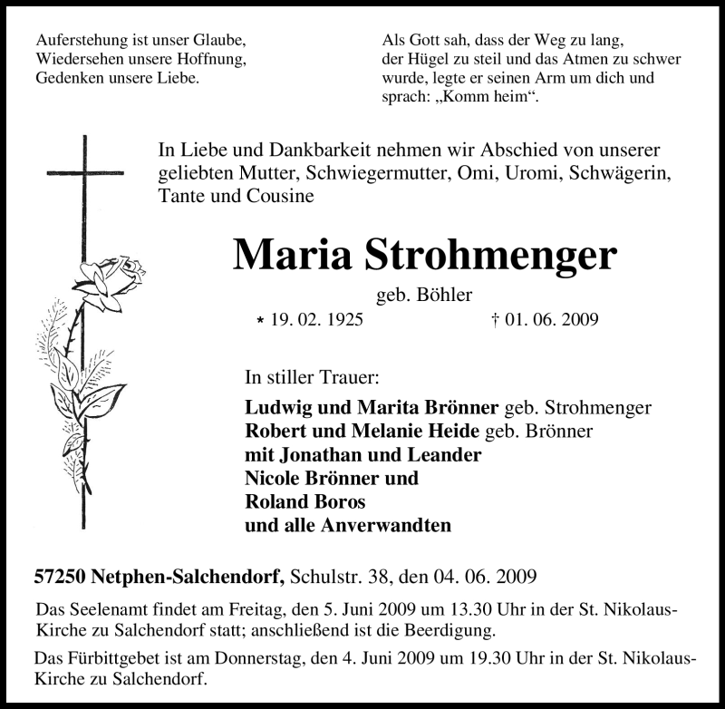  Traueranzeige für Maria Strohmenger vom 04.06.2009 aus Tageszeitung