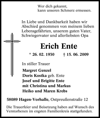 Traueranzeige von Erich Ente von Tageszeitung