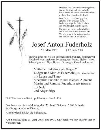 Traueranzeige von Josef Anton Fuderholz von Tageszeitung