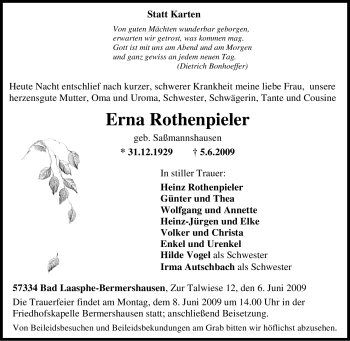 Traueranzeige von Erna Rothenpieler von Tageszeitung