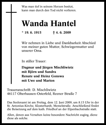 Traueranzeige von Wanda Hantel von Tageszeitung