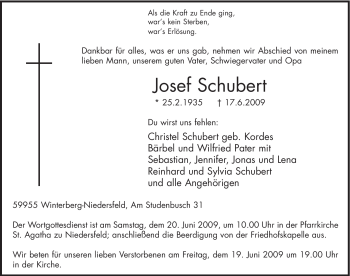 Traueranzeige von Josef Schubert von Tageszeitung
