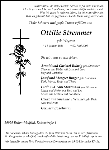 Traueranzeige von Ottilie Stremmer von Tageszeitung