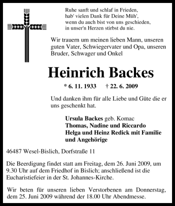 Traueranzeige von Heinrich Backes von Tageszeitung