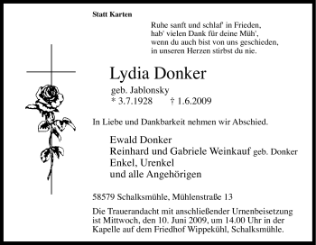 Traueranzeige von Lydia Donker von Tageszeitung