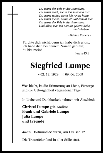 Traueranzeige von Siegfried Lumpe von Tageszeitung