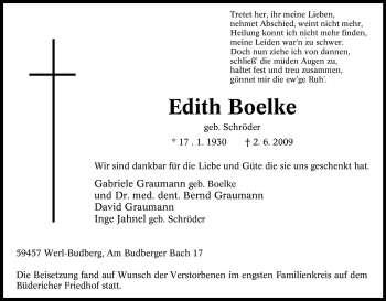 Traueranzeige von Edith Boelke von Tageszeitung