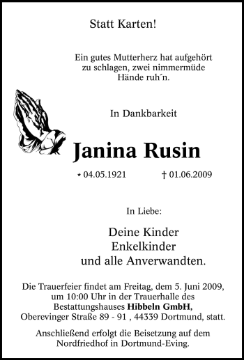 Traueranzeige von Janina Rusin von Tageszeitung