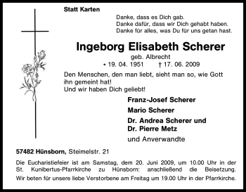 Traueranzeige von Ingeborg Elisabeth Scherer von Tageszeitung