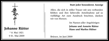 Traueranzeige von Johanne Rütter von Tageszeitung