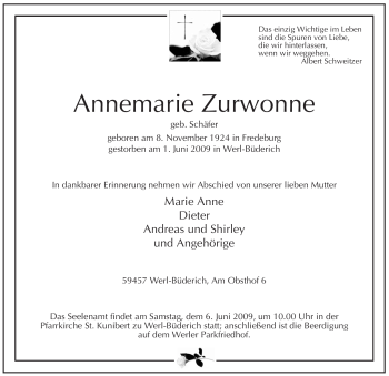 Traueranzeige von Annemarie Zurwonne von Tageszeitung