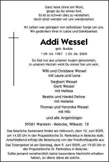 Traueranzeige von Addi Wessel von Tageszeitung