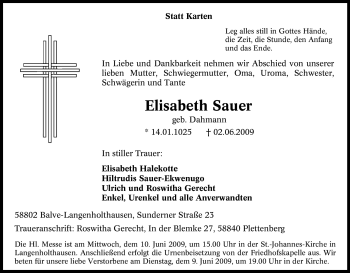 Traueranzeige von Elisabeth Sauer von Tageszeitung