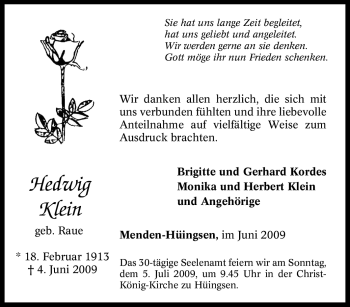 Traueranzeige von Hedwig Klein von Tageszeitung