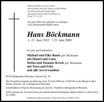 Traueranzeige von Hans Böckmann von Tageszeitung